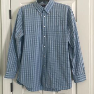 Tommy Hilfiger men’s button down light blue, khaki and dark blue plaid.